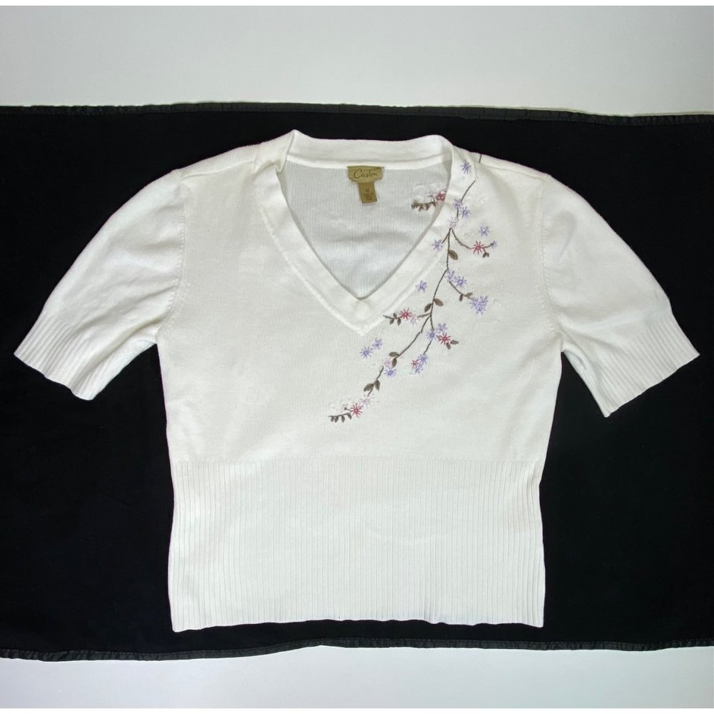 Caslon Sweater Size Medium 34" Bust Embroidery Beads Cream Color 100" Cotton Kni